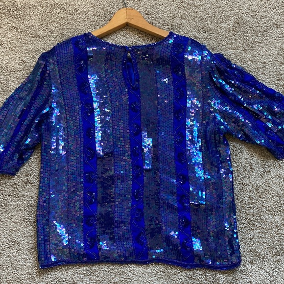 Vintage 80s 90s Tribout Silk Sequin Beaded Royal Blue Glam Event Party Top sz L - Picture 3 of 16